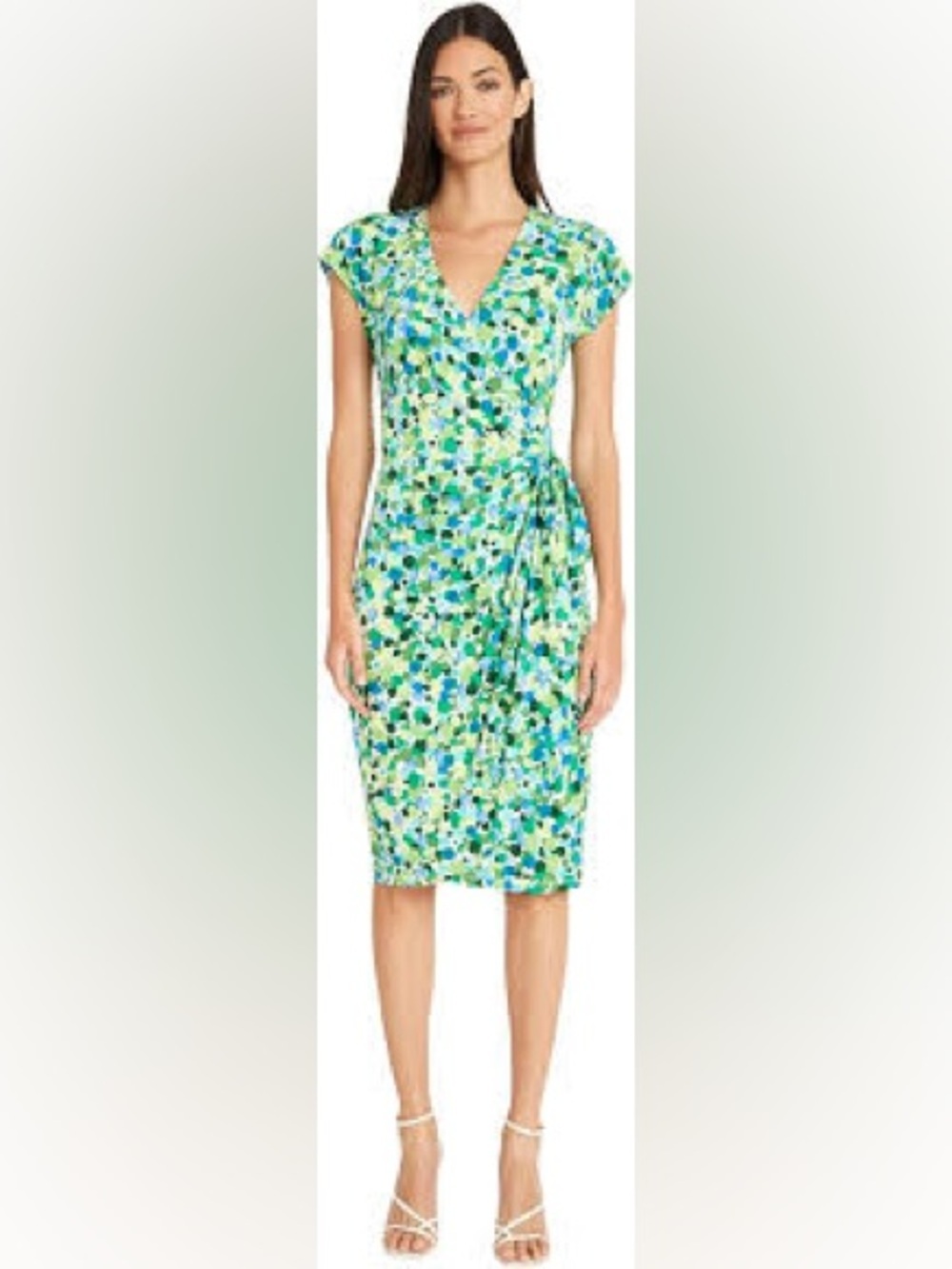 NEW Maggie London Cap Sleeve V-Neck Green Dot Wrap Dress Size 8